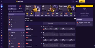 SpinBet sportsbook interface with live betting options, top leagues, and popular sports categories